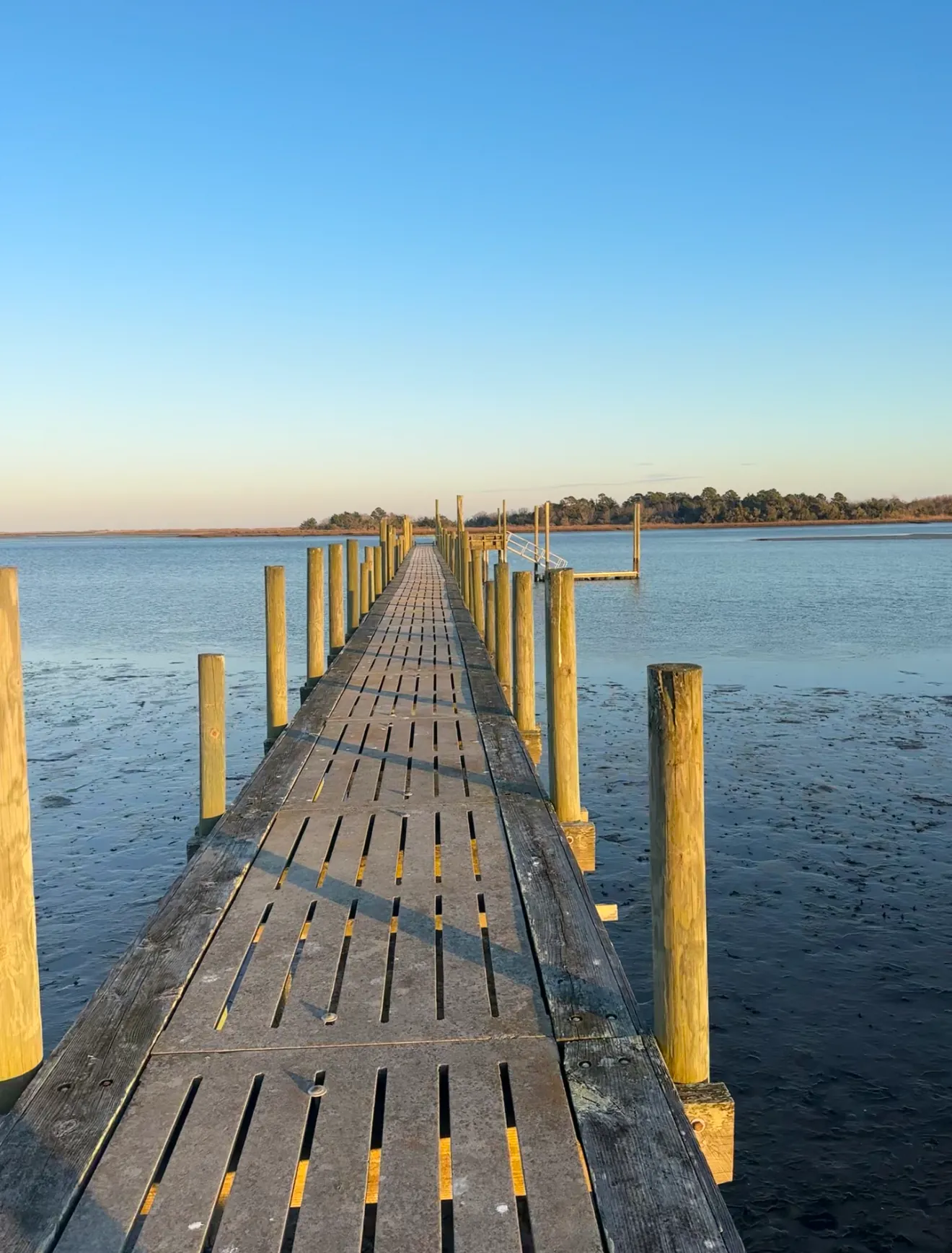 A long dock pier with pilings and decking at golden hour